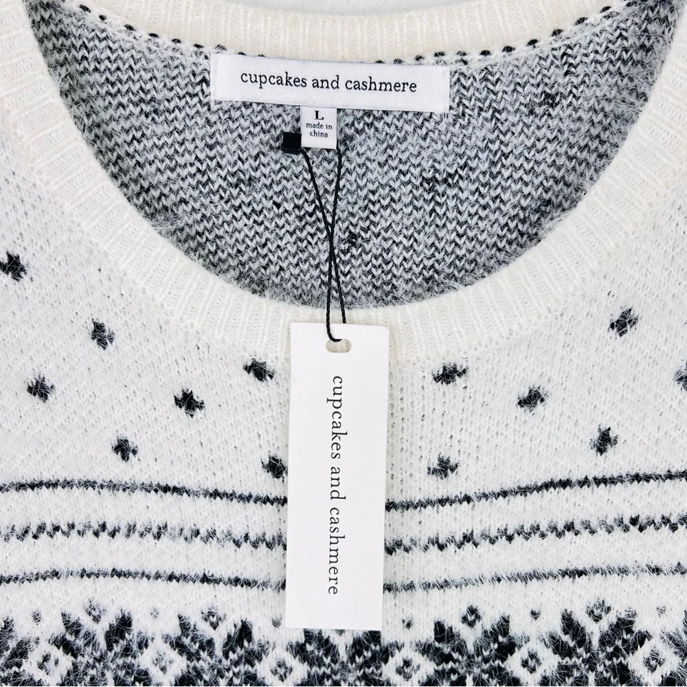 NWT Cupcakes and Cashmere Black & Ivory Fair Isle Snowflake Sweater Dress Large